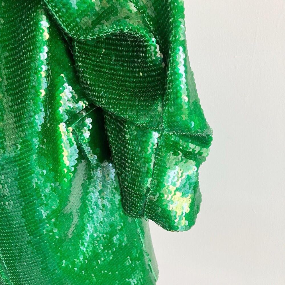 River Island Sequin Blazer Jacket US Size 8 Emerald Green Open Ruched Sleeve - Picture 5 of 7